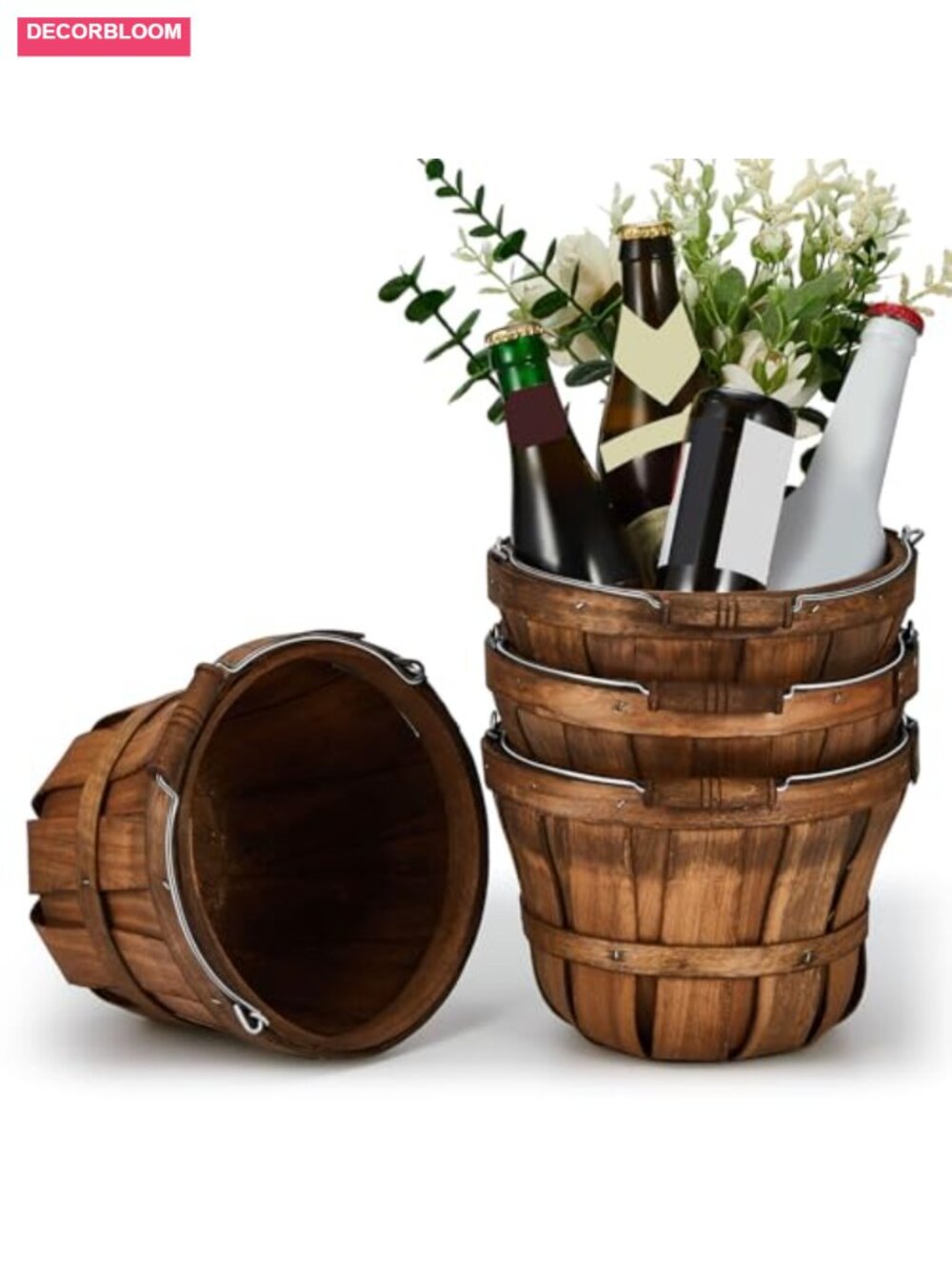 4 Pc Round Wood Bushel Baskets with Metal Handles for Produce, Harvest